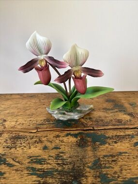 Andrea By Sadek Pink and Cream Lady Slipper Orchid Sculpture
